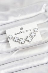 316L Çelik Gümüş Beyaz Renk 3 Boy Yonca Küpe Seti