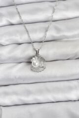 316L Çelik Zincir Gümüş Renk İstiridye İnci Model Zirkon Taşlı Kadın Kolye