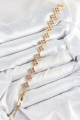 Pirinç Pembe Zirkon Taşlı Yonca Model Gold Renk VIP Seri Kadın Bileklik