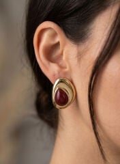 Pirinç Gold Renk Bordo Taşlı Damla Model Vintage Kadın Küpe