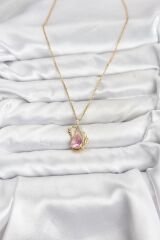 316L Çelik Zincir Gold Renk Pembe Kuğu Model Zirkon Taşlı Kadın Kolye