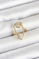 Pirinç Gold Renk Picasso Tarzı Tek Çizgi Yüz Model Kadın Yüzük
