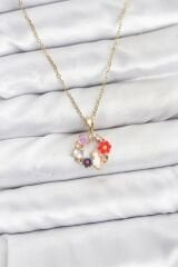 316L Çelik Zincir Gold Renk Çiçekli Kedili Model Kadın Kolye