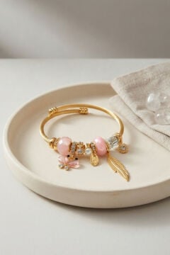 Kelebek Model Gold Renk Pembe Charmlı Bileklik
