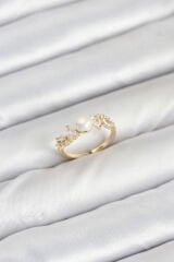 Pirinç Gold Renk Zirkon Taşlı İncili Model Kadın Yüzük