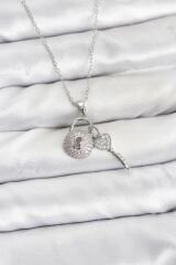 316L Çelik Zincir Gümüş Renk Kilit Anahtar Model Zirkon Taşlı Kadın Kolye