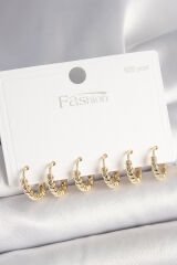 925 Ayar Gümüş Çivi Pirinç Gold Renk Kalp İşlemeli Halka Model Kadın Küpe Seti