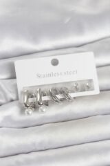 316L Çelik Gümüş Renk Kadın Küpe Seti