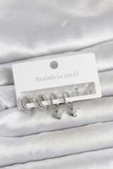 316L Çelik Gümüş Renk Kalp Detaylı Kadın Küpe Seti