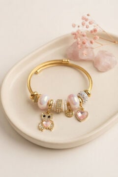 Tedy Bear Model Gold Renk Pembe Charmlı Bileklik