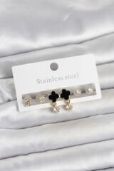 316L Çelik Gold Renk Yonca Detaylı Kadın Küpe Seti