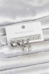 316L Çelik Gümüş Renk inci Halka Detaylı Kadın Küpe Seti