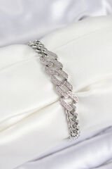 Pirinç Zirkon Taşlı Ezme Küba Zincir Model Gümüş Renk Kadın Bileklik