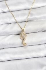 316L Çelik Zincir Gold Renk Deniz Atı Model Zirkon Taşlı Kadın Kolye