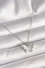 316L Çelik Gümüş Renk Zincir Zirkon Taşlı Beyaz Mineli Kelebek Model Kadın Kolye