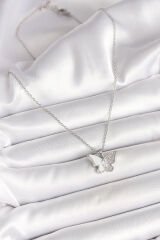 316L Çelik Gümüş Renk Zincir Zirkon Taşlı Beyaz Mineli Kelebek Model Kadın Kolye