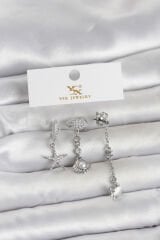 Pirinç Gümüş Renk Zirkon Taşlı Deniz Temalı 3'lü Kadın Küpe