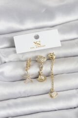 Pirinç Gold Renk Zirkon Taşlı Deniz Temalı 3'lü Kadın Küpe