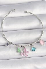 Pirinç Gümüş Renk Pembe Zirkon Taşlı Kelebek Figür Sallantı Detaylı Charm Kadın Bileklik