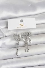 Pirinç Gümüş Renk Zirkon Taşlı Gece Temalı 3'lü Kadın Küpe