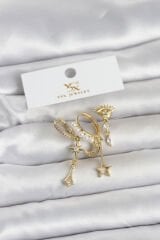 Pirinç Gold Renk Zirkon Taşlı Gece Temalı 3'lü Kadın Küpe