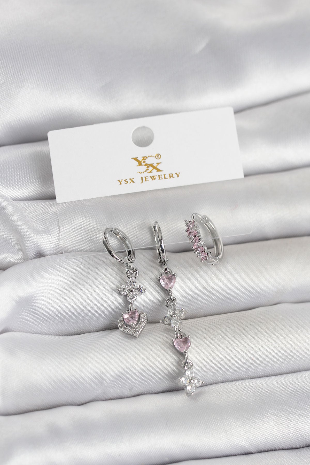 Pirinç Gümüş Renk Pembe Zirkon Taşlı 3'lü Kadın Küpe