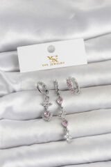 Pirinç Gümüş Renk Pembe Zirkon Taşlı 3'lü Kadın Küpe