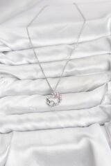 316L Çelik Zincir Gümüş Renk Pembe Taş Detaylı Çelenk Model Kadın Kolye