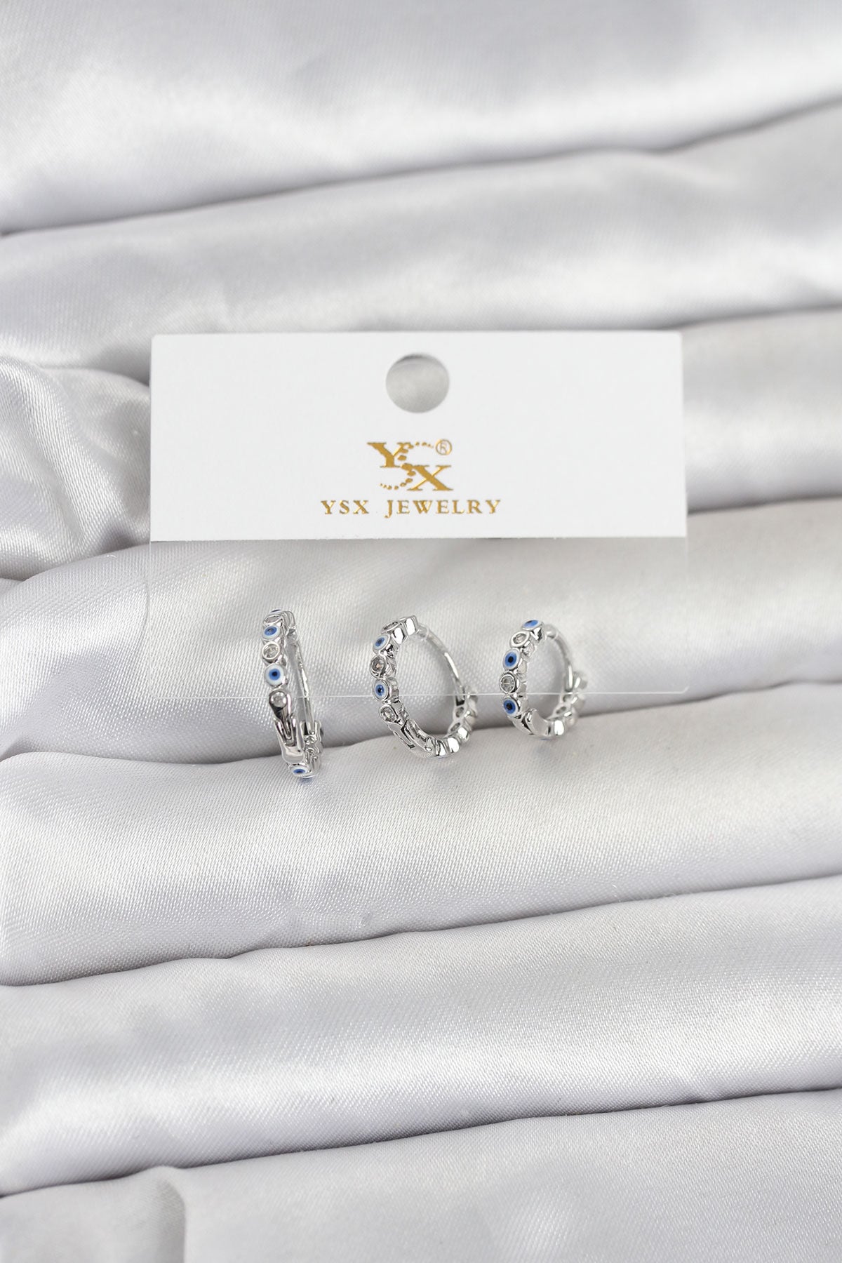 Pirinç Gümüş Renk Nazarlı Model 3'lü Kadın Küpe