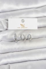 Pirinç Gümüş Renk Nazarlı Model 3'lü Kadın Küpe