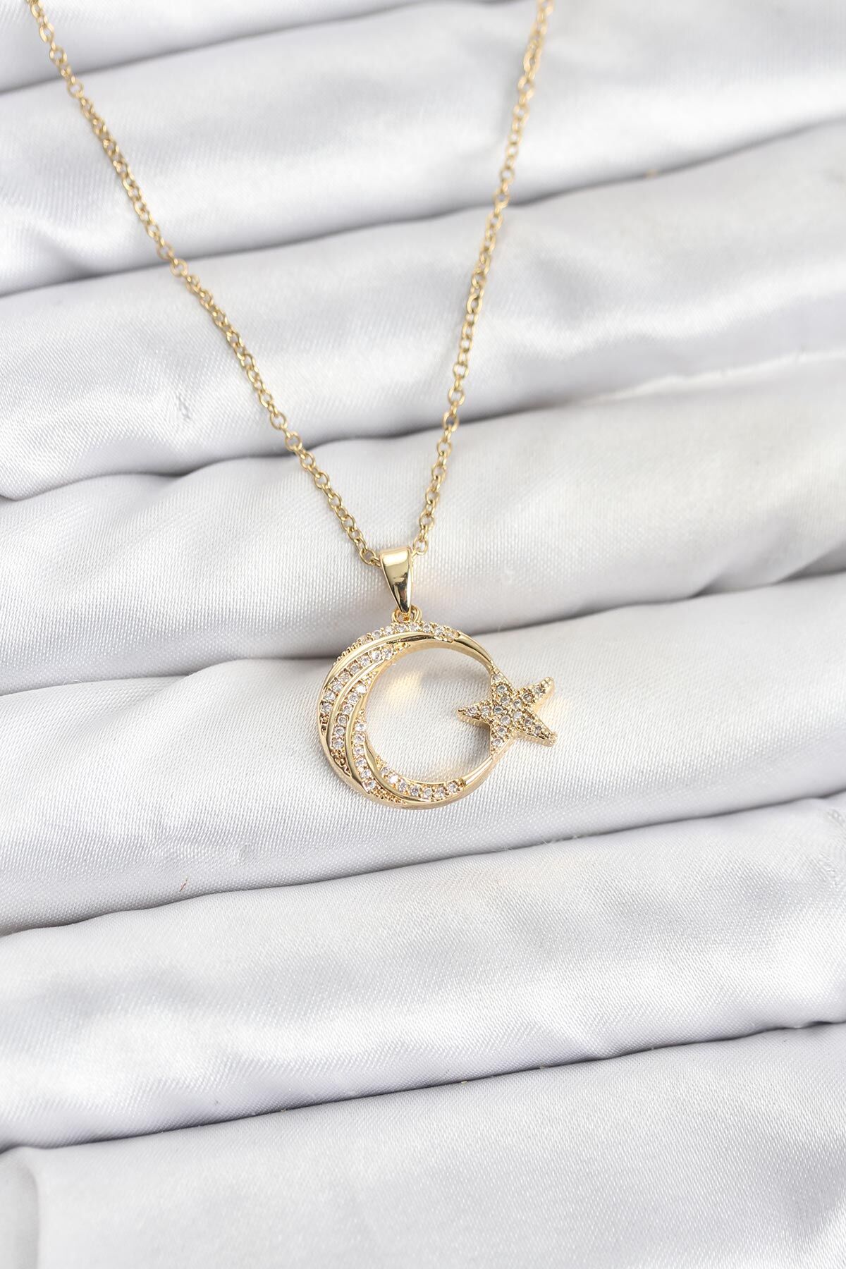 316L Çelik Zincir Gold Renk Ay Yıldız Model Zirkon Taşlı Kadın Kolye