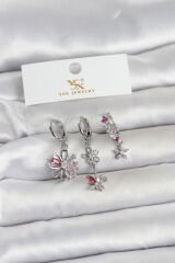 Pirinç Gümüş Renk Çiçek Model 3'lü Kadın Küpe