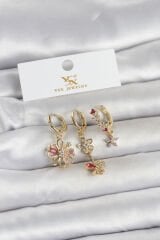 Pirinç Gold Renk Çiçek Model 3'lü Kadın Küpe