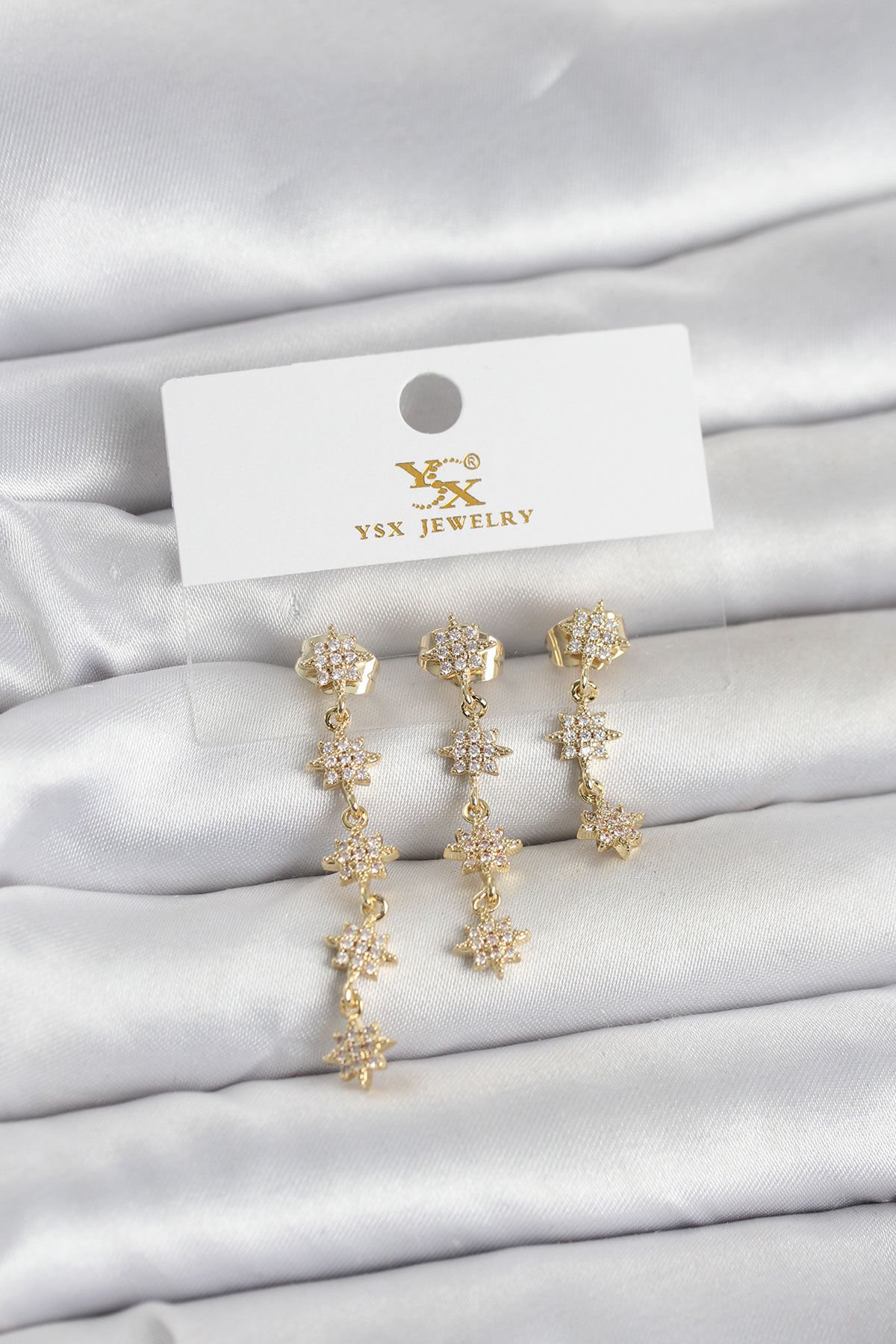 Pirinç Gold Renk Sıralı Kutup Yıldızı Model 3'lü Kadın Küpe