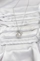 316L Çelik Zincir Gümüş Renk İncili Deniz Kabuğu Model Zirkon Taşlı Kadın Kolye