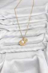 316L Çelik Zincir Gold Renk İncili Deniz Kabuğu Model Zirkon Taşlı Kadın Kolye