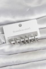 316L Çelik Gümüş Renk Zirkon Taşlı Halka Model Kadın Küpe Seti