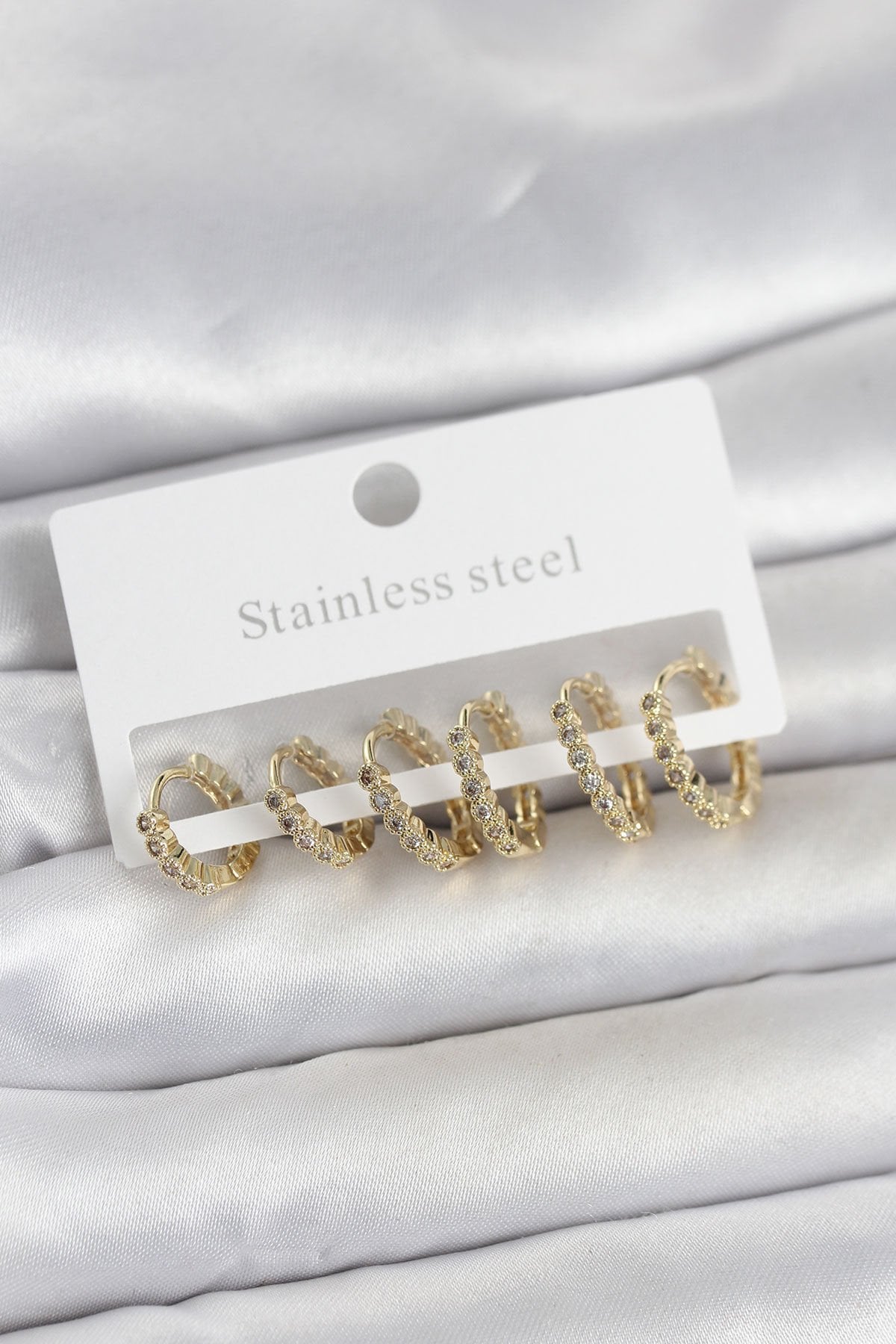 316L Çelik Gold Renk Zirkon Taşlı Halka Model Kadın Küpe Seti