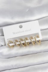 316L Çelik Gold Renk Zirkon Taşlı Halka Model Kadın Küpe Seti