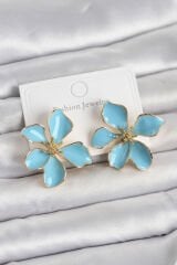 Mavi Mineli Çiçek Model Pirinç Kadın Küpe