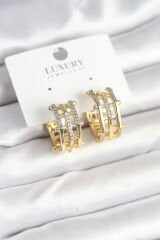 Pirinç Gold Renk Taşlı Halka Kadın Küpe