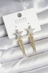 Pirinç Gold Renk Zirkon Taşlı Yıldız Model Çivi Kadın Küpe