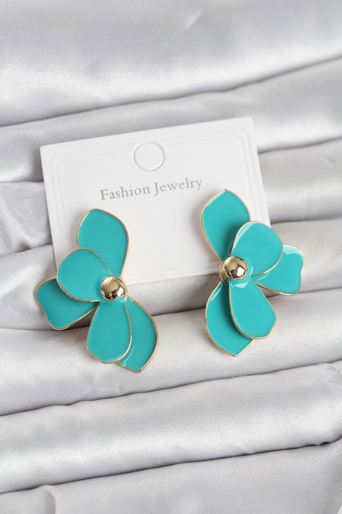 Turkuaz Mineli Lotus Model Pirinç Kadın Küpe