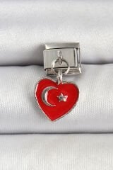 316L Çelik Gümüş Renk Kalp Türk Bayrağı Model Nomination Charm