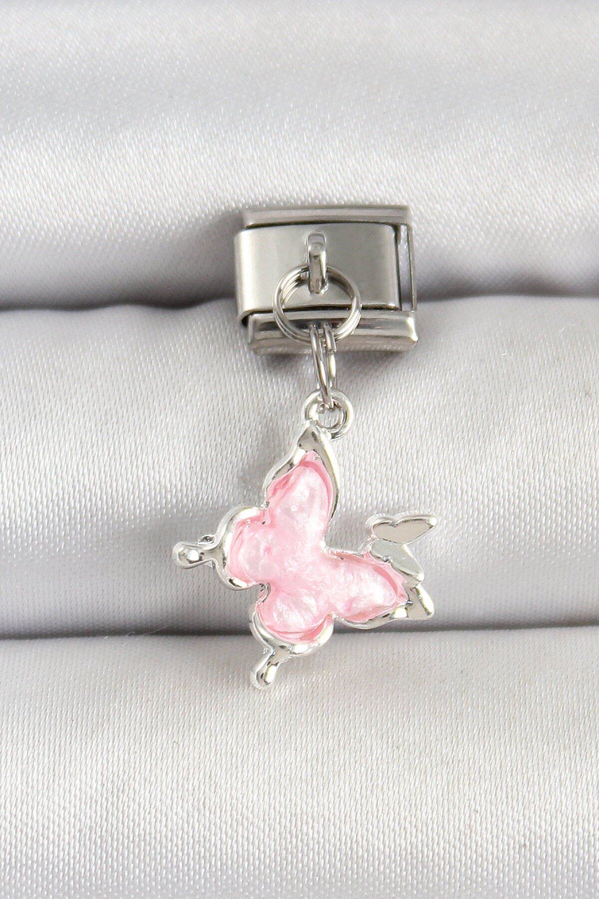 316L Çelik Gümüş Renk Pembe Kelebek Model Nomination Charm