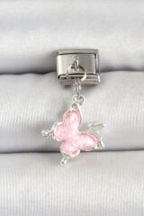 316L Çelik Gümüş Renk Pembe Kelebek Model Nomination Charm