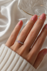 Gümüş Renk Zirkon Taşlı Pembe Kristal Kalp Model Kadın Yüzük