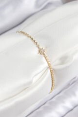 Pirinç Zirkon Taşlı Kutup Yıldızı Model Ezme Zincir Gold Renk Kadın Bileklik