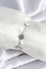 316L Çelik Zincir Gümüş Renk Zirkon Taşlı Yonca Beyaz Kadın Bileklik