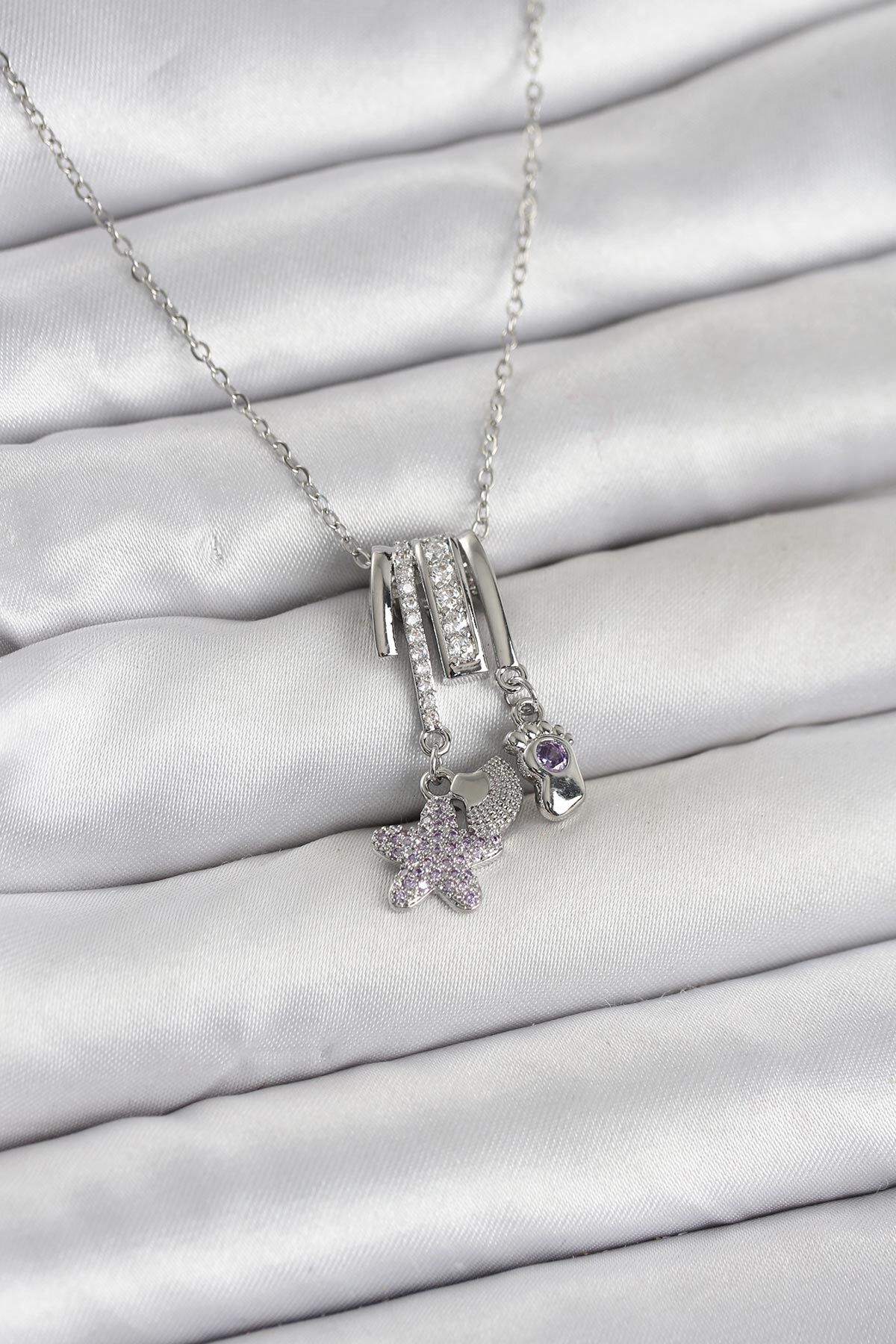 316L Çelik Gümüş Zirkon Taşlı Deniz Tema Charmlı Kadın Kolye